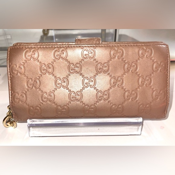 Gucci Guccissima GG Rose Gold Long Bifold Continental Wallet Zip Snap Shima